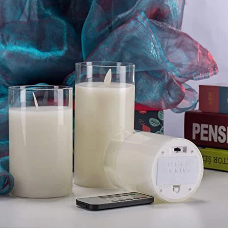 Battery-Operated LED Pillar Candles with Remote Control Timer Set of 3 Realistic Flickering Light Amber Smoke Clear Glass for Dining Room Be
