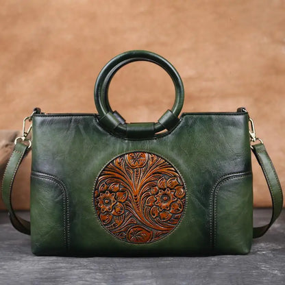 Embossed Leather Handbag for Women with Adjustable Strap and Multiple Compartments – Vintage-Inspired Shoulder Bag Purse