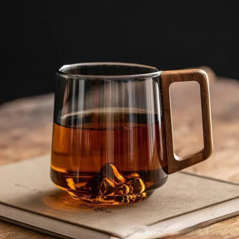 Insulated Borosilicate Glass Mug with Wood Grip 4-Inch Thermal Coffee Cup Peak Shape for Hot Beverages Kitchen Office