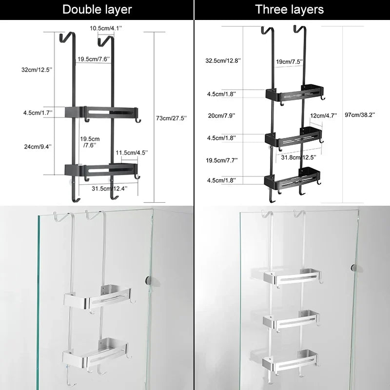 Over-Door Shower Caddy Aluminum 38 in Tall No-Drill Bathroom Organizer for Shampoo Toiletries Glass Door Mount 2-3 Tier Storage Rack