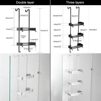 Over-Door Shower Caddy Aluminum 38 in Tall No-Drill Bathroom Organizer for Shampoo Toiletries Glass Door Mount 2-3 Tier Storage Rack
