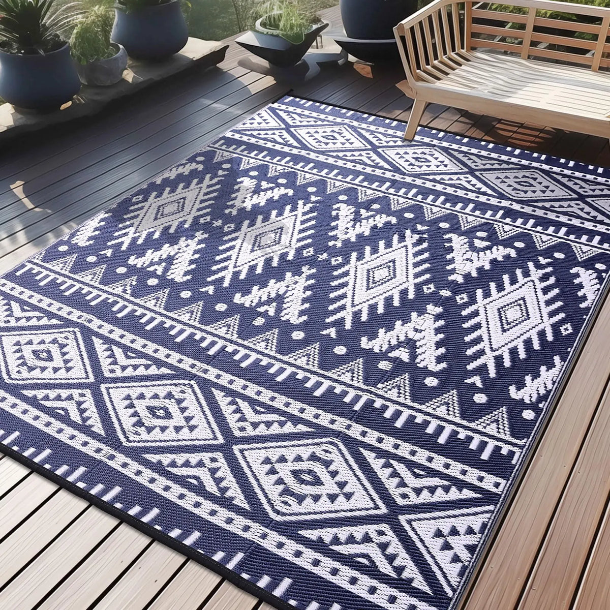 Woven Reversible Patio Mat with Braided Plastic Construction for Decks, Balconies & Camping | Weather-Resistant Geometric Floor Covering