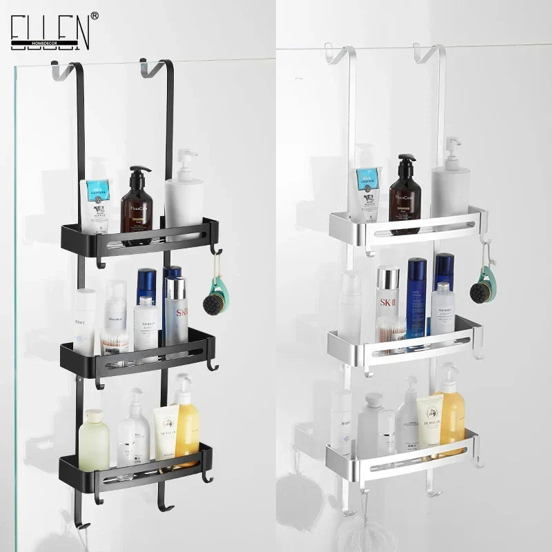 Over-Door Shower Caddy Aluminum 38 in Tall No-Drill Bathroom Organizer for Shampoo Toiletries Glass Door Mount 2-3 Tier Storage Rack