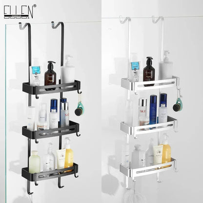 Over-Door Shower Caddy Aluminum 38 in Tall No-Drill Bathroom Organizer for Shampoo Toiletries Glass Door Mount 2-3 Tier Storage Rack