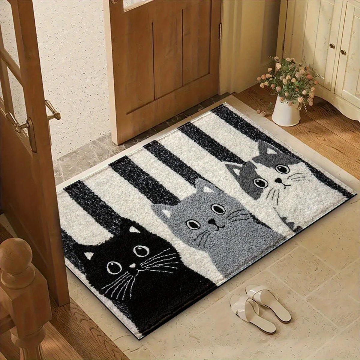 PVC Cat Floor Mat Non-Slip 24x35 Inch Striped Entry Rug for Hallway Bedroom Kitchen Foyer Mudroom Patio Door Indoor Outdoor Use