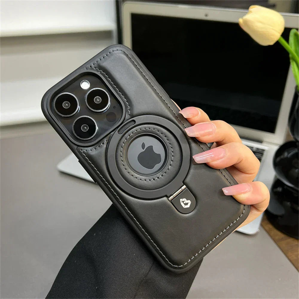 Leather Phone Cases with MagSafe, iPhone 16 Case with Fold Out Ring Stand, iPhone 15 Case, Magnetic iPhone Case with Rugged Protection
