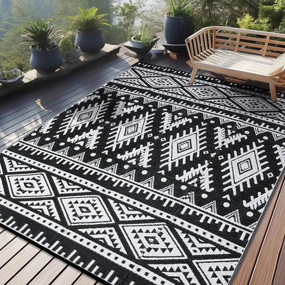 Woven Reversible Patio Mat with Braided Plastic Construction for Decks, Balconies & Camping | Weather-Resistant Geometric Floor Covering