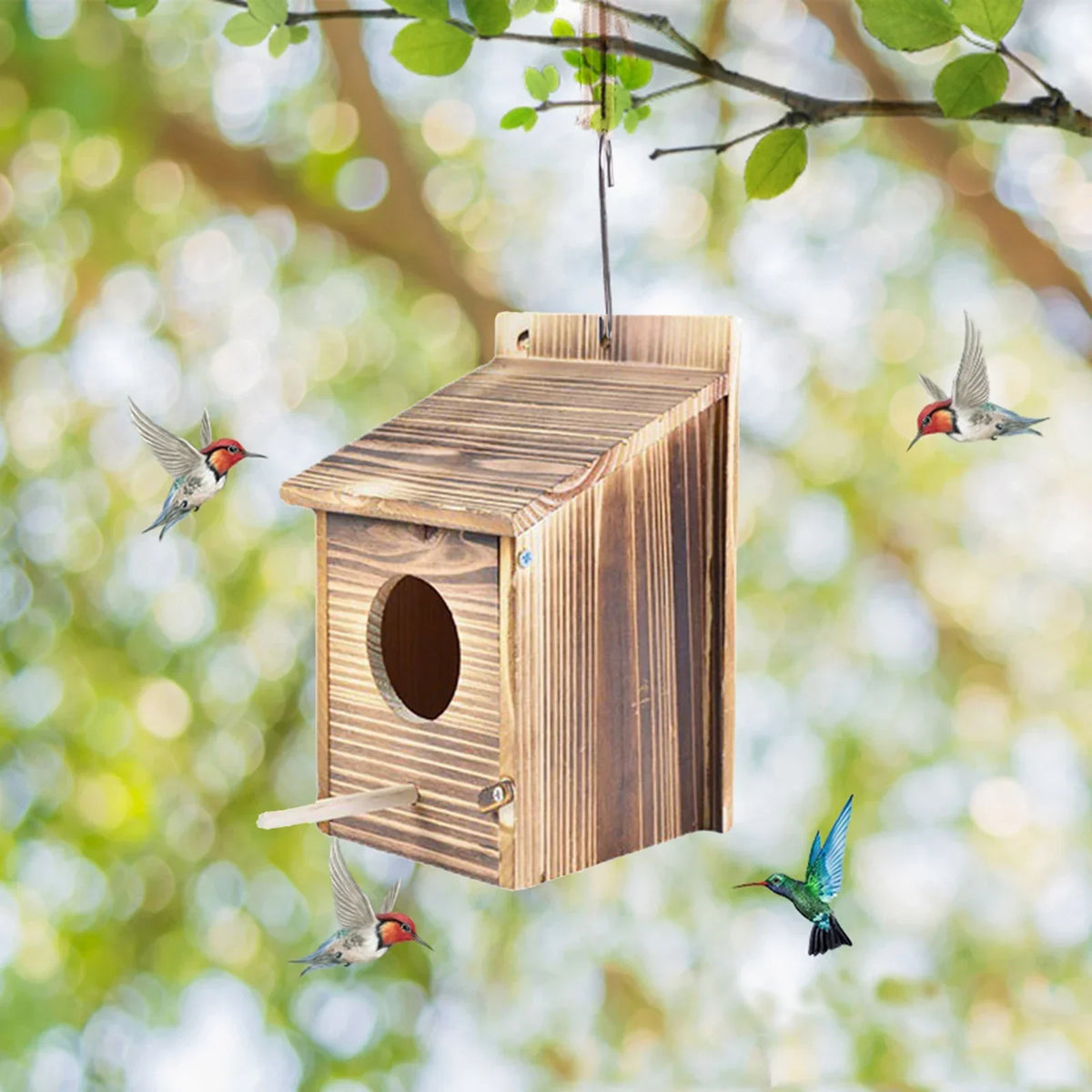 Wooden Bird Nest Box 8.7 in with Side Access Door for Outdoor Hanging Garden Backyard Patio Wildlife Habitat Natural Wood Shelter for Small