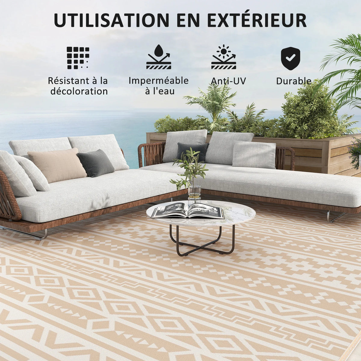 Reversible Outdoor Floor Mat 12 × 9 Feet Khaki Beige Polypropylene All-Weather Rug for Patio Garden Camping Beach Picnic Large Family Seatin