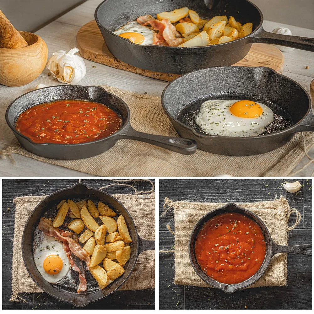 Cast Iron Skillet Set 3-Piece 6.3 8 10 Inch Black Uncoated Frying Pans Gas Electric Induction Campfire Cookware Stovetop to Oven Kitchen