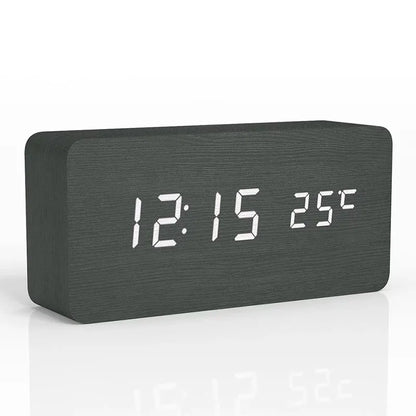 Wood Grain Digital Alarm Clock with LED Display – Silent No-Tick Design for Bedroom, Nightstand & Desk – Battery or USB Powered Timepiece