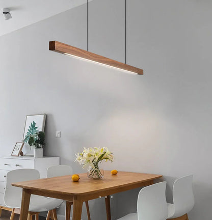 Linear Wood Hanging Light for Kitchen Island & Dining Table – Adjustable LED Ceiling Fixture in Pine or Walnut, 31-71 in Wide, Dimmable Opti