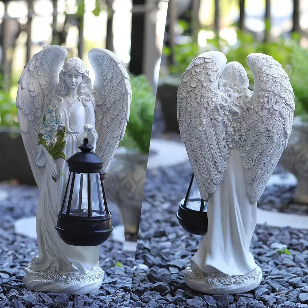 Solar Angel Figurine LED Light White Resin 12 Inch Waterproof Memorial Accent for Patio Pathway Yard Cordless Dusk to Dawn Automatic