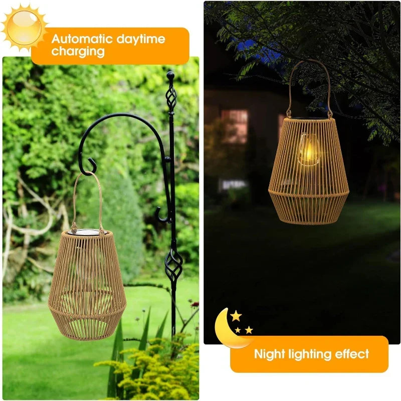 Woven Basket Lantern with Solar LED Light Outdoor Hanging Decor 8 in for Patio Garden Deck Yard Porch Balcony Table Cordless Battery-Free Wa