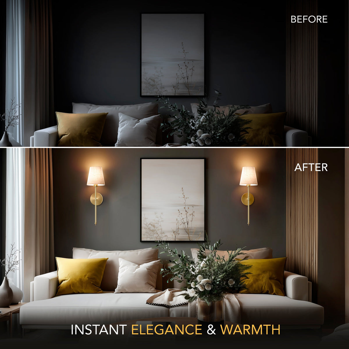 Rechargeable Sconce Set of 2 with Remote – Gold Metal & Linen Fabric, Dimmable RGB & White Light, 20 in Height