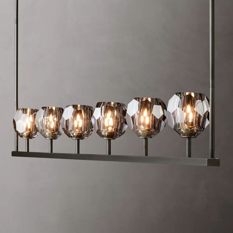 Linear Crystal Chandelier 60 Inch Brass 6-Light Dining Room Lighting Fixture Adjustable Height