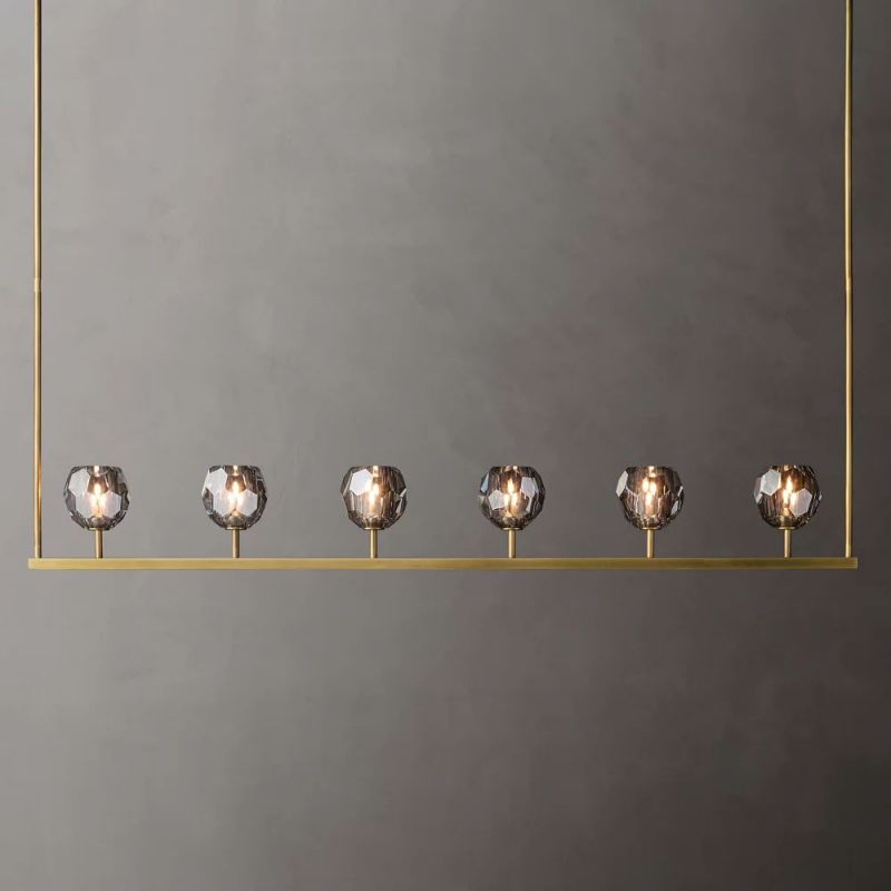 Linear Crystal Chandelier 60 Inch Brass 6-Light Dining Room Lighting Fixture Adjustable Height