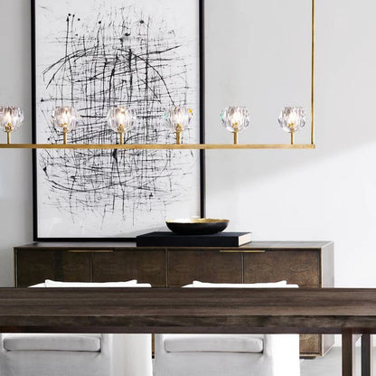 Linear Crystal Chandelier 60 Inch Brass 6-Light Dining Room Lighting Fixture Adjustable Height