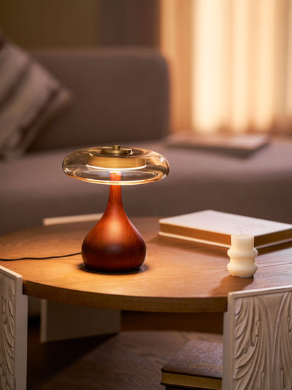 LED Desk Lamp with Amber Glass Shade & Natural Wood Base for Home Office, Bedroom & Nightstand | Adjustable Color Temperature 3000K-6000K