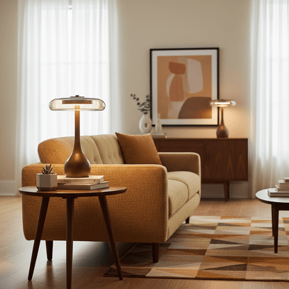 LED Desk Lamp with Amber Glass Shade & Natural Wood Base for Home Office, Bedroom & Nightstand | Adjustable Color Temperature 3000K-6000K