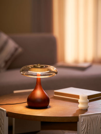 LED Desk Lamp with Amber Glass Shade & Natural Wood Base for Home Office, Bedroom & Nightstand | Adjustable Color Temperature 3000K-6000K