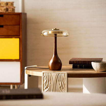 LED Desk Lamp with Amber Glass Shade & Natural Wood Base for Home Office, Bedroom & Nightstand | Adjustable Color Temperature 3000K-6000K