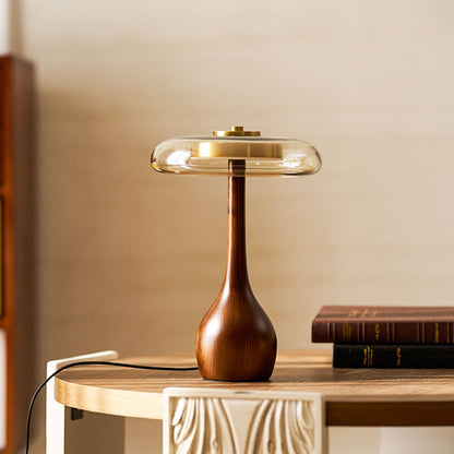 LED Desk Lamp with Amber Glass Shade & Natural Wood Base for Home Office, Bedroom & Nightstand | Adjustable Color Temperature 3000K-6000K
