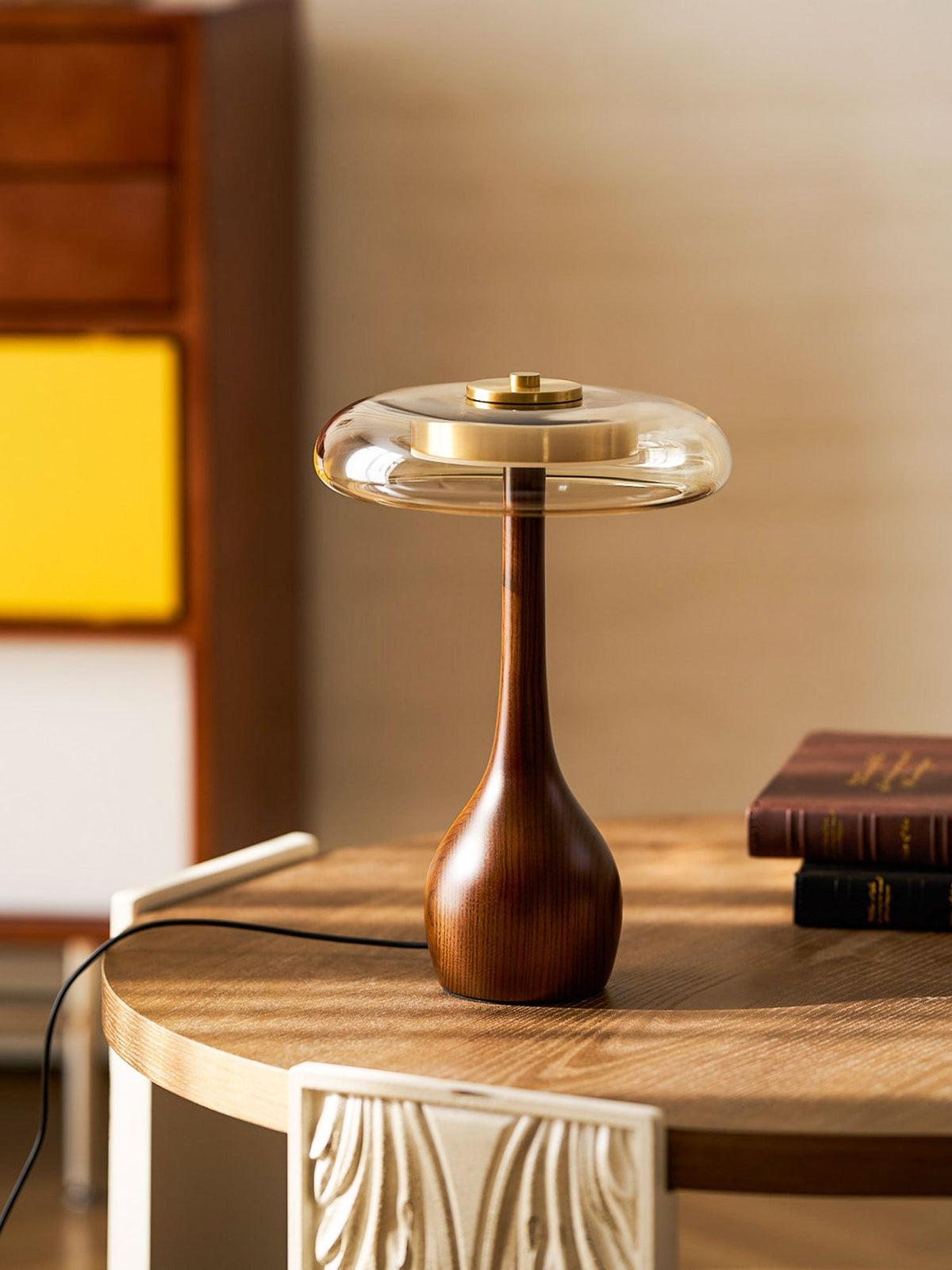 LED Desk Lamp with Amber Glass Shade & Natural Wood Base for Home Office, Bedroom & Nightstand | Adjustable Color Temperature 3000K-6000K