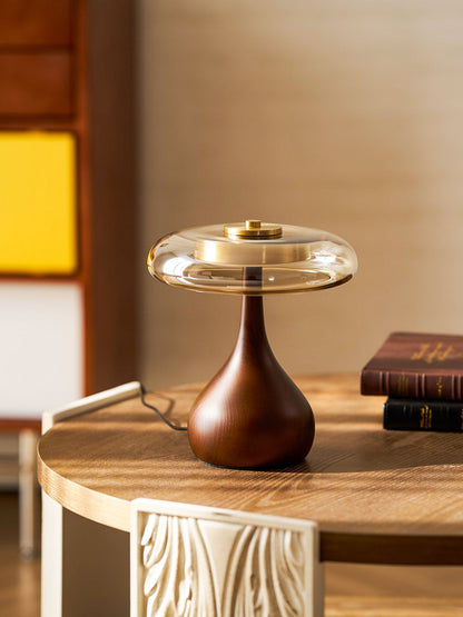 LED Desk Lamp with Amber Glass Shade & Natural Wood Base for Home Office, Bedroom & Nightstand | Adjustable Color Temperature 3000K-6000K