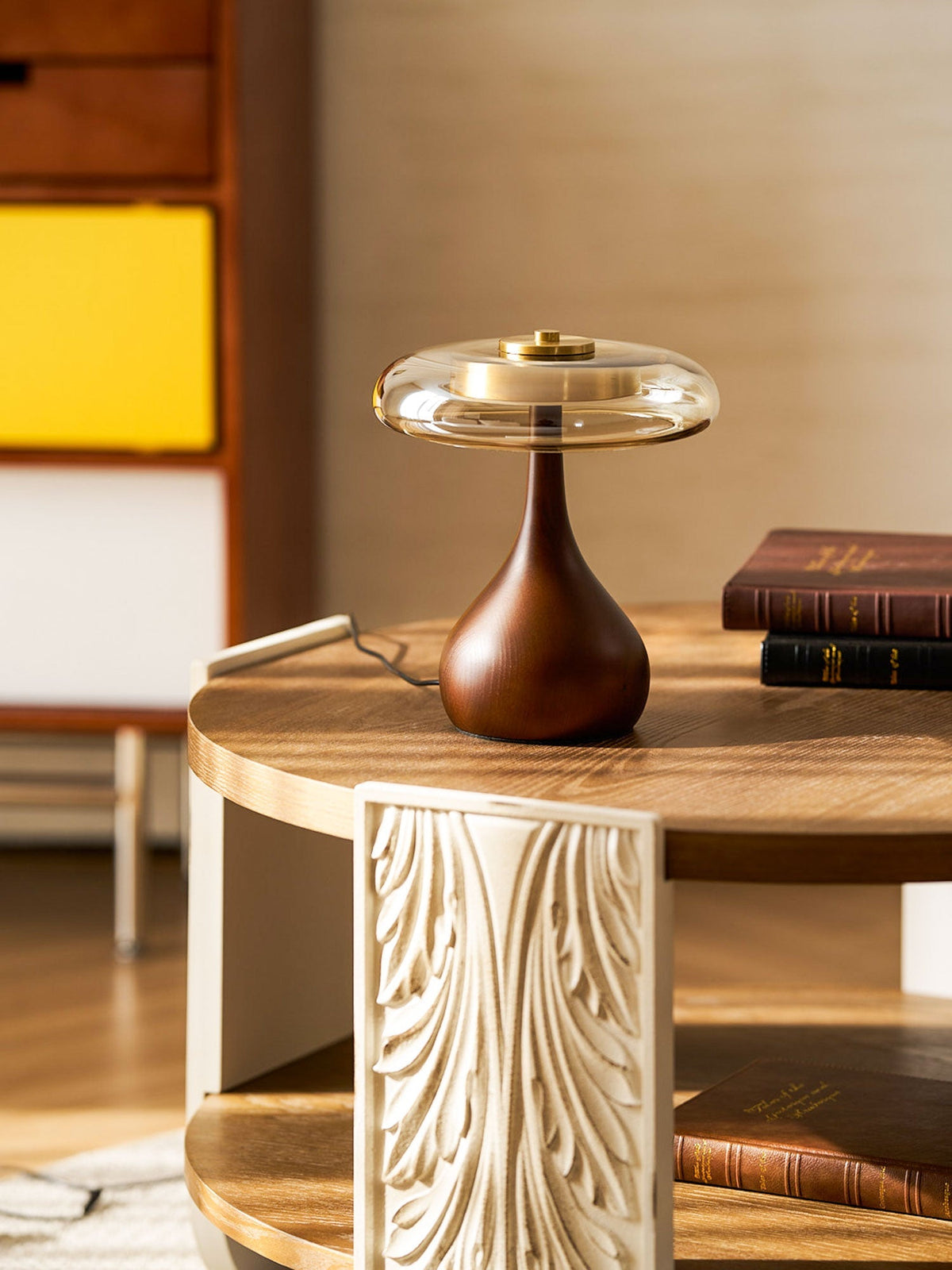LED Desk Lamp with Amber Glass Shade & Natural Wood Base for Home Office, Bedroom & Nightstand | Adjustable Color Temperature 3000K-6000K