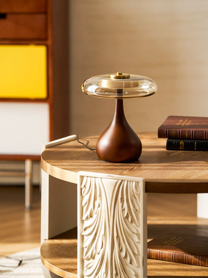 LED Desk Lamp with Amber Glass Shade & Natural Wood Base for Home Office, Bedroom & Nightstand | Adjustable Color Temperature 3000K-6000K