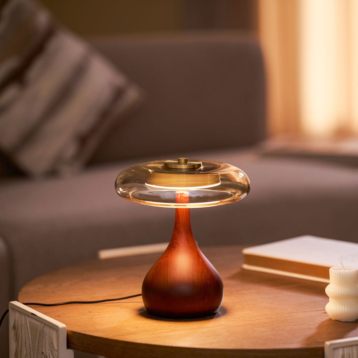 LED Desk Lamp with Amber Glass Shade & Natural Wood Base for Home Office, Bedroom & Nightstand | Adjustable Color Temperature 3000K-6000K