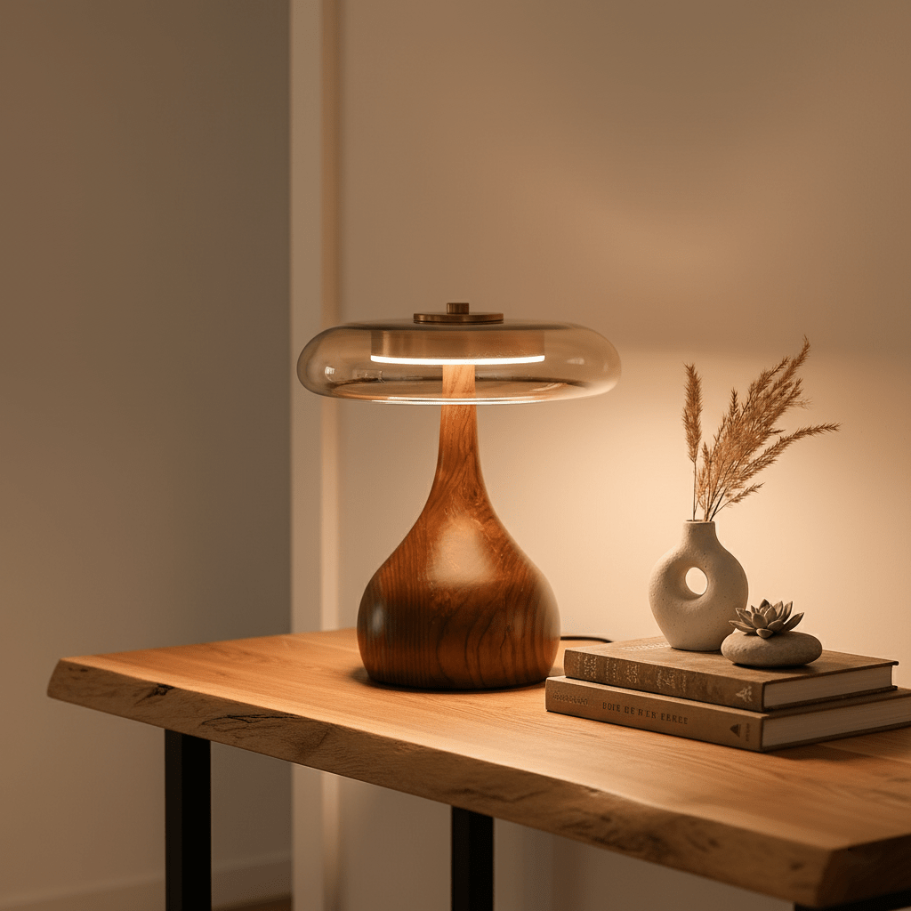 LED Desk Lamp with Amber Glass Shade & Natural Wood Base for Home Office, Bedroom & Nightstand | Adjustable Color Temperature 3000K-6000K