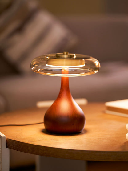 LED Desk Lamp with Amber Glass Shade & Natural Wood Base for Home Office, Bedroom & Nightstand | Adjustable Color Temperature 3000K-6000K