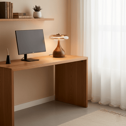 LED Desk Lamp with Amber Glass Shade & Natural Wood Base for Home Office, Bedroom & Nightstand | Adjustable Color Temperature 3000K-6000K
