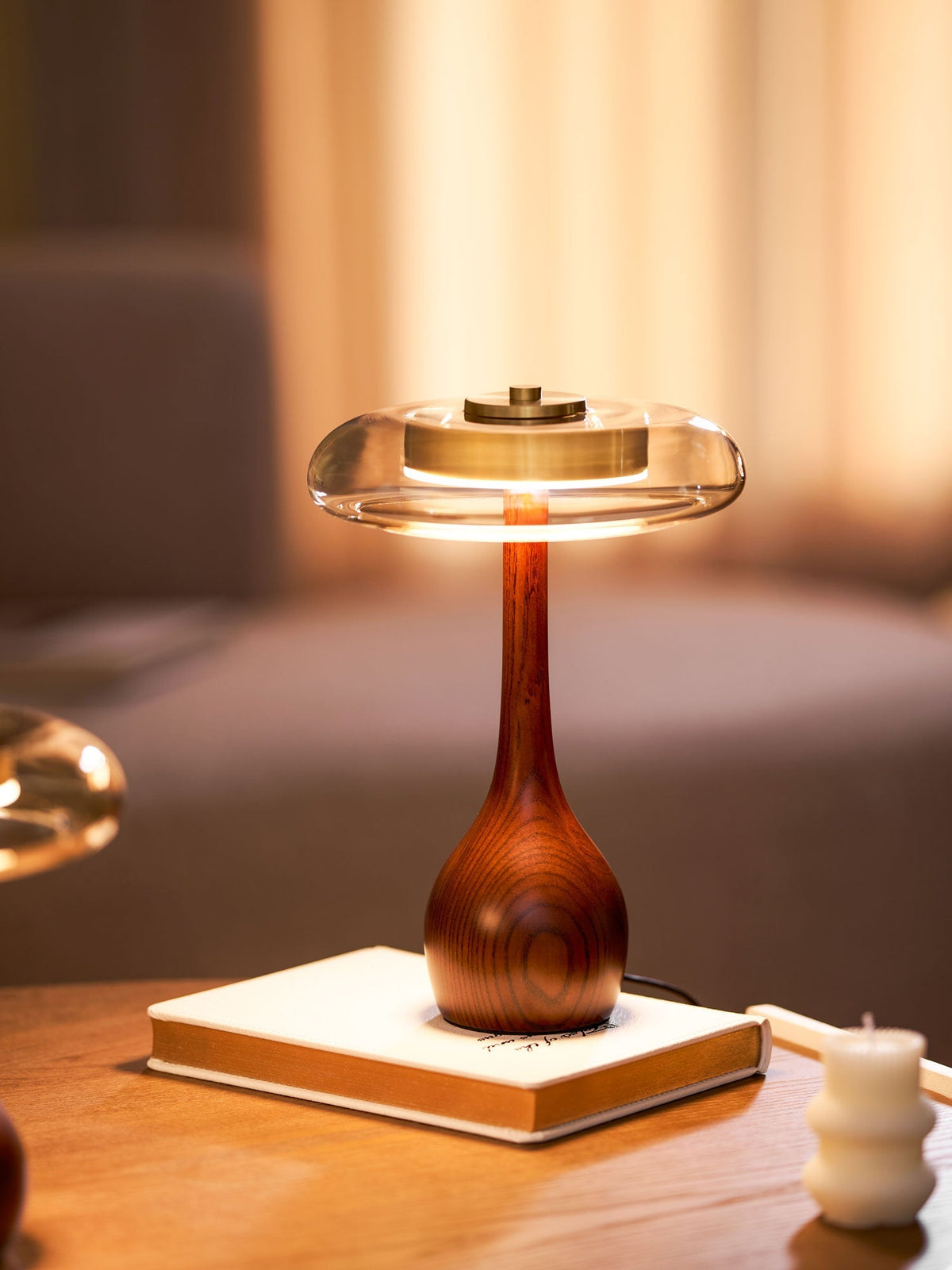 LED Desk Lamp with Amber Glass Shade & Natural Wood Base for Home Office, Bedroom & Nightstand | Adjustable Color Temperature 3000K-6000K