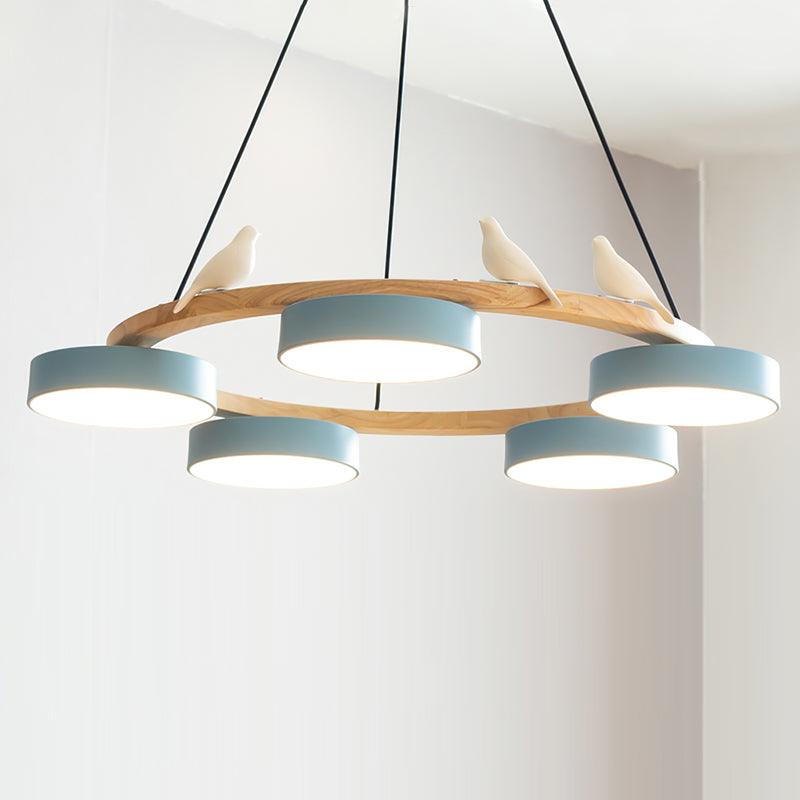 Round Wooden Ceiling Light with Bird Accents 26 Inch 4-Bulb LED Fixture Adjustable Height for Dining Room Kitchen Living Room Hallway Entryw