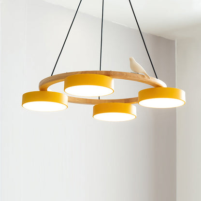 Round Wooden Ceiling Light with Bird Accents 26 Inch 4-Bulb LED Fixture Adjustable Height for Dining Room Kitchen Living Room Hallway Entryw