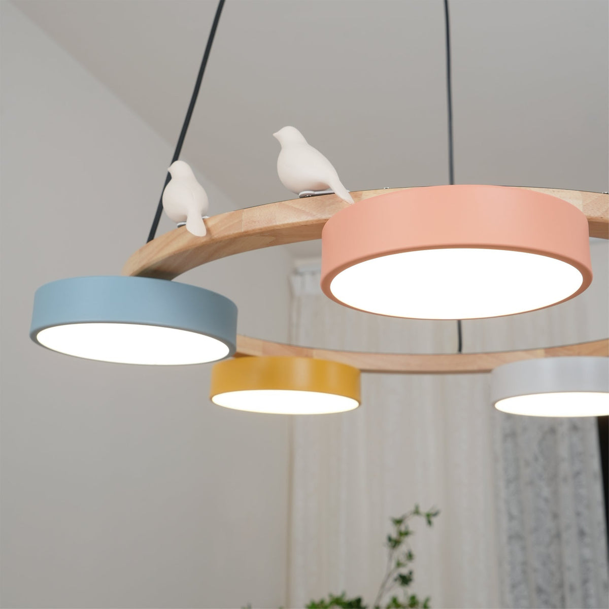 Round Wooden Ceiling Light with Bird Accents 26 Inch 4-Bulb LED Fixture Adjustable Height for Dining Room Kitchen Living Room Hallway Entryw