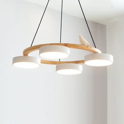 Round Wooden Ceiling Light with Bird Accents 26 Inch 4-Bulb LED Fixture Adjustable Height for Dining Room Kitchen Living Room Hallway Entryw