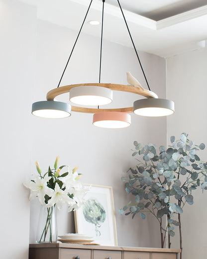 Round Wooden Ceiling Light with Bird Accents 26 Inch 4-Bulb LED Fixture Adjustable Height for Dining Room Kitchen Living Room Hallway Entryw