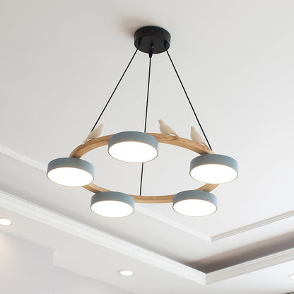 Round Wooden Ceiling Light with Bird Accents 26 Inch 4-Bulb LED Fixture Adjustable Height for Dining Room Kitchen Living Room Hallway Entryw