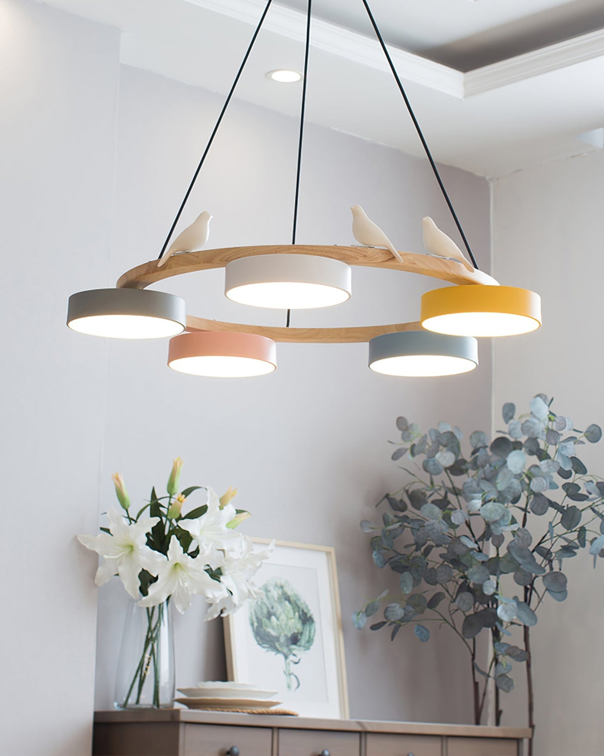 Round Wooden Ceiling Light with Bird Accents 26 Inch 4-Bulb LED Fixture Adjustable Height for Dining Room Kitchen Living Room Hallway Entryw