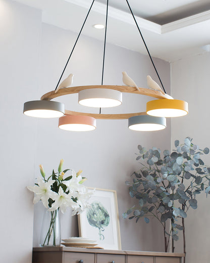 Round Wooden Ceiling Light with Bird Accents 26 Inch 4-Bulb LED Fixture Adjustable Height for Dining Room Kitchen Living Room Hallway Entryw
