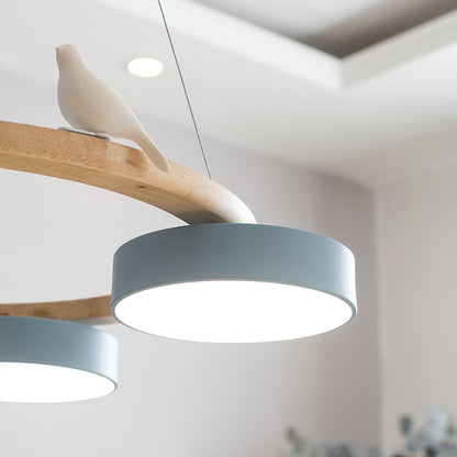 Round Wooden Ceiling Light with Bird Accents 26 Inch 4-Bulb LED Fixture Adjustable Height for Dining Room Kitchen Living Room Hallway Entryw