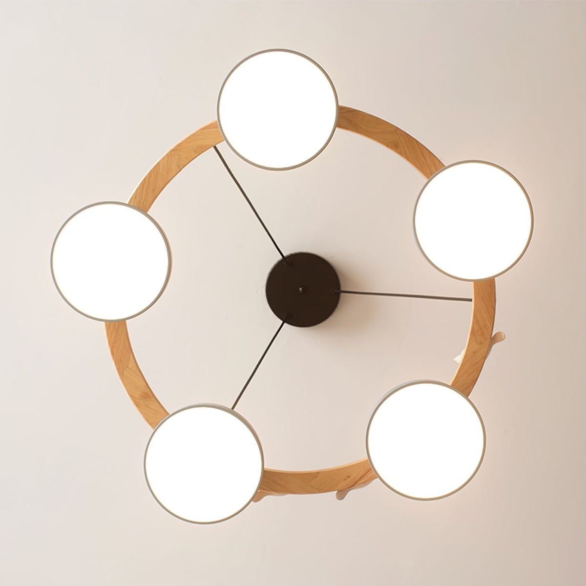 Round Wooden Ceiling Light with Bird Accents 26 Inch 4-Bulb LED Fixture Adjustable Height for Dining Room Kitchen Living Room Hallway Entryw