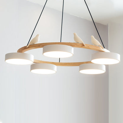 Round Wooden Ceiling Light with Bird Accents 26 Inch 4-Bulb LED Fixture Adjustable Height for Dining Room Kitchen Living Room Hallway Entryw