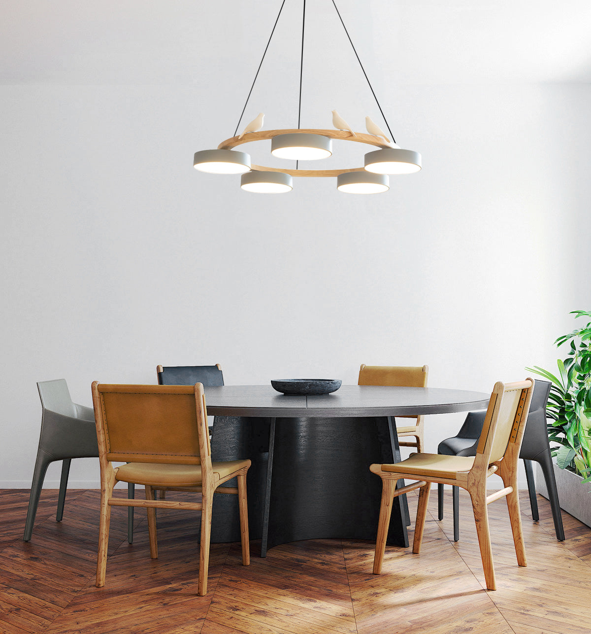 Round Wooden Ceiling Light with Bird Accents 26 Inch 4-Bulb LED Fixture Adjustable Height for Dining Room Kitchen Living Room Hallway Entryw