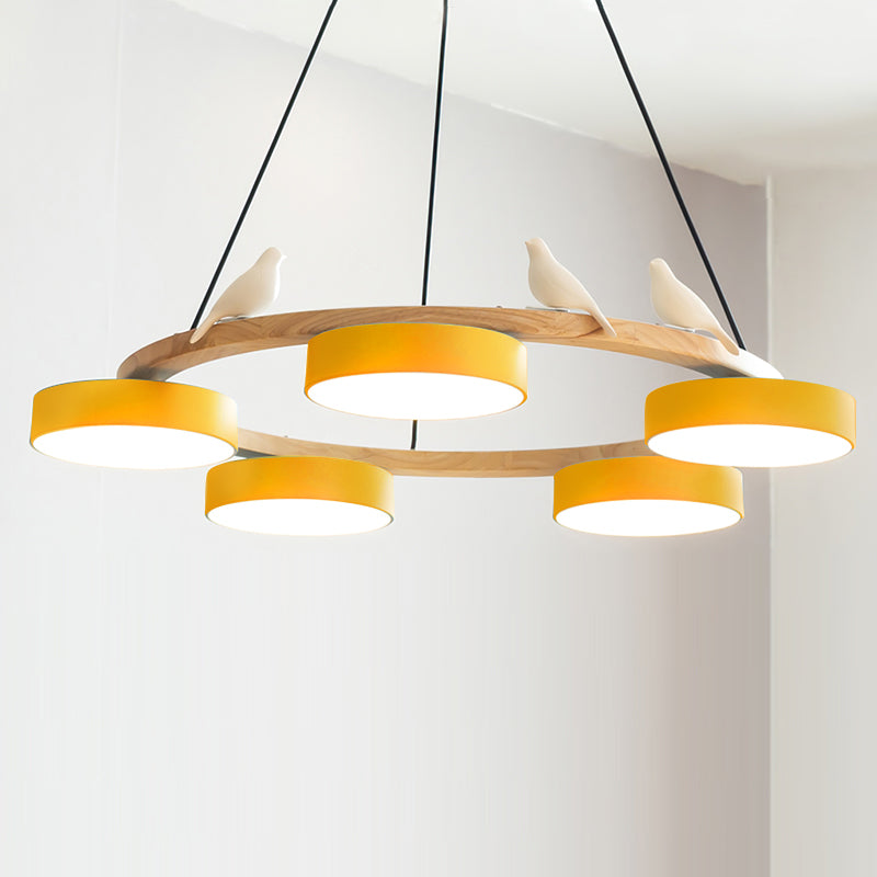 Round Wooden Ceiling Light with Bird Accents 26 Inch 4-Bulb LED Fixture Adjustable Height for Dining Room Kitchen Living Room Hallway Entryw