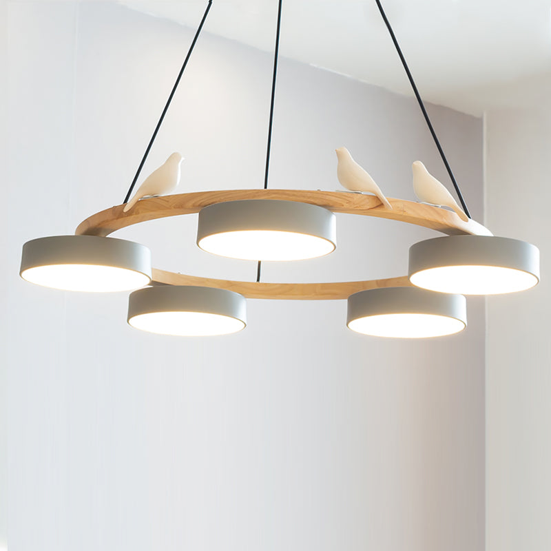 Round Wooden Ceiling Light with Bird Accents 26 Inch 4-Bulb LED Fixture Adjustable Height for Dining Room Kitchen Living Room Hallway Entryw